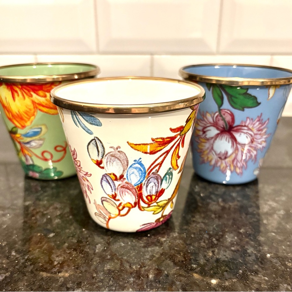 Mackenzie Childs Herb Pots ( set of three ) Flower Market Disc. pattern MINT !